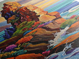 Cliff, Ocean, Wildflowers, Waves, Framed Canvas Print, Coastal nature wall art, vibrant landscape decor, colorful living room painting