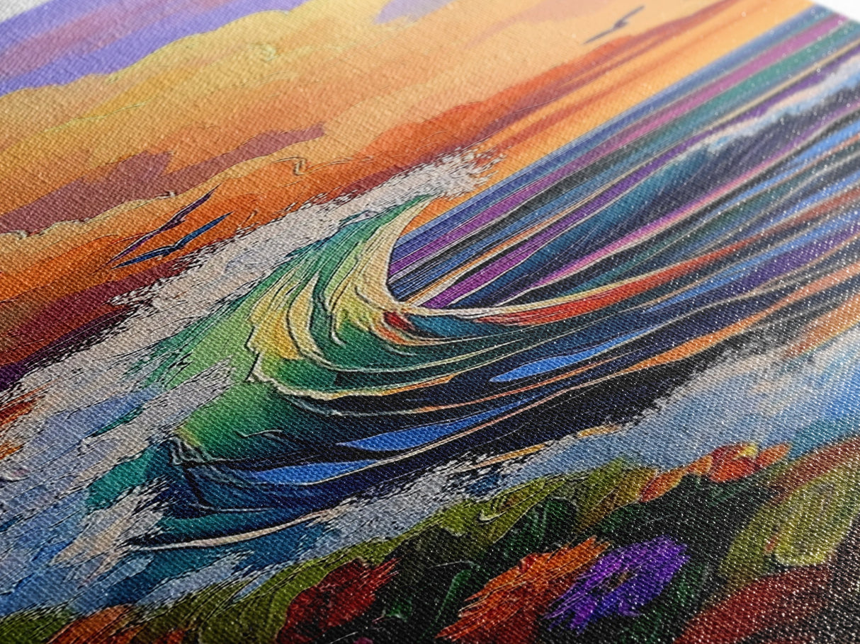 Wave, Sunset, Surf, Ocean, Canvas Print, dramatic wave crashing painting, sunset surf wall art, vibrant beach decor, surf shack canvas