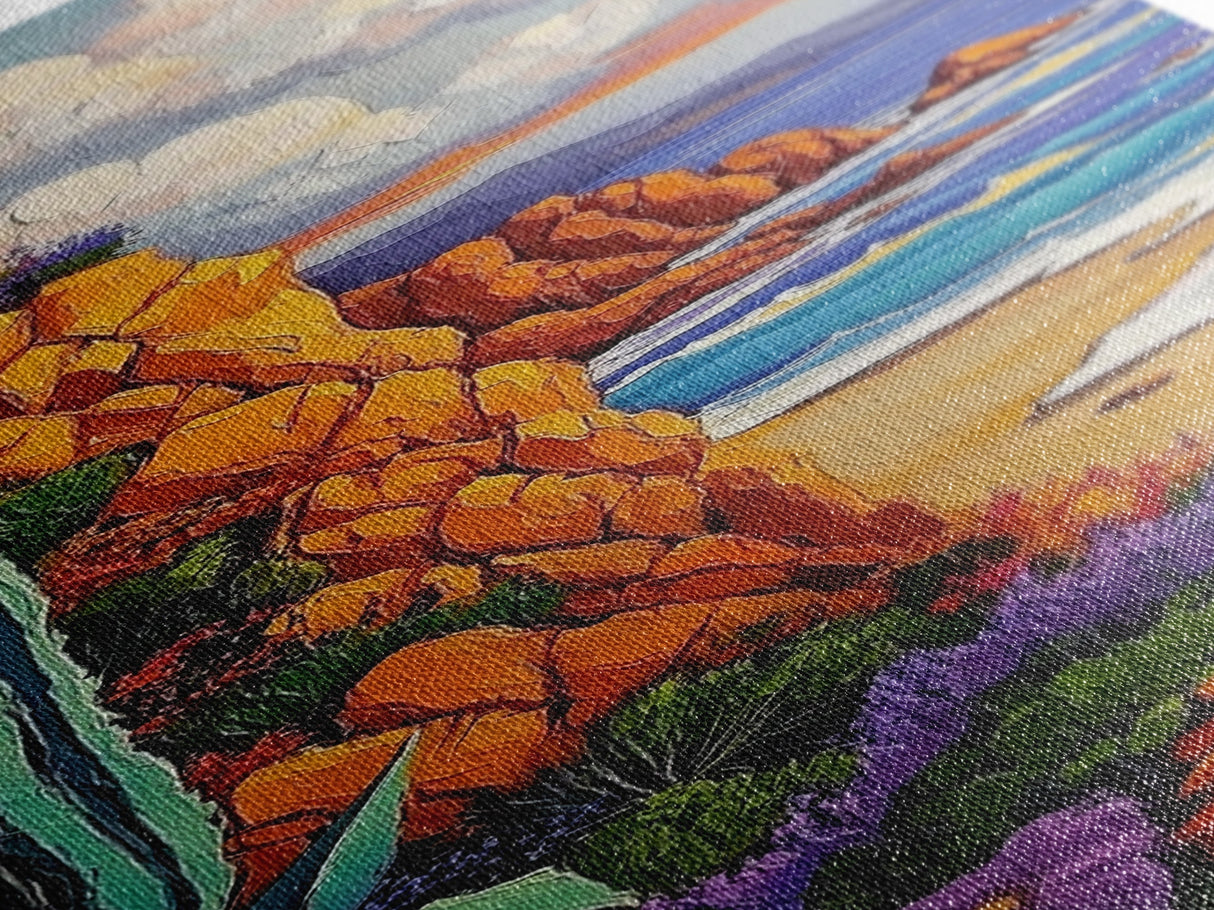 Ocean Cliff, Bloom, Sunset, Canvas Print, colorful coastal painting, fall flower art, boho beach house wall art, living room decor