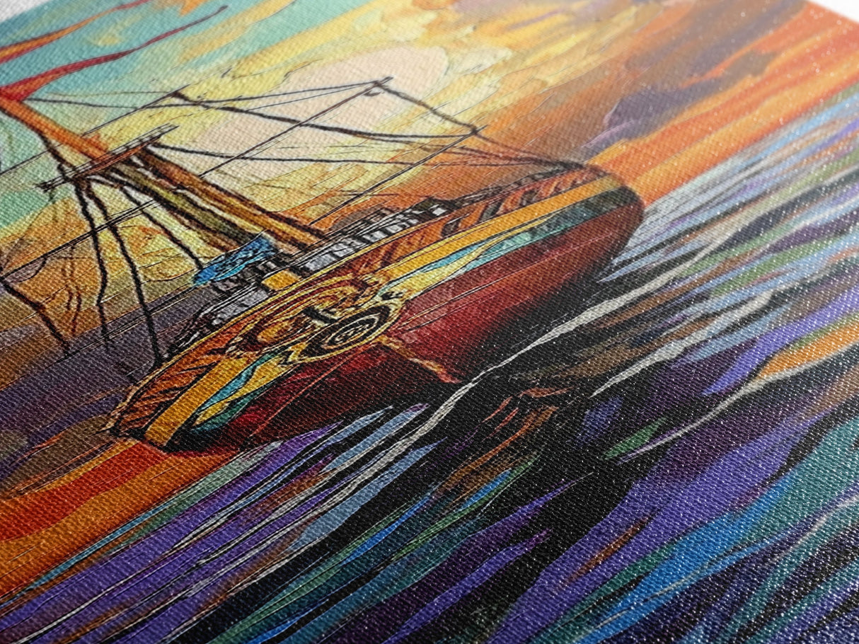 Pirate Ship, Sunset Ocean, Framed Canvas Print, nautical wall art, sailing adventure painting, moody seascape decor, office or den wall art