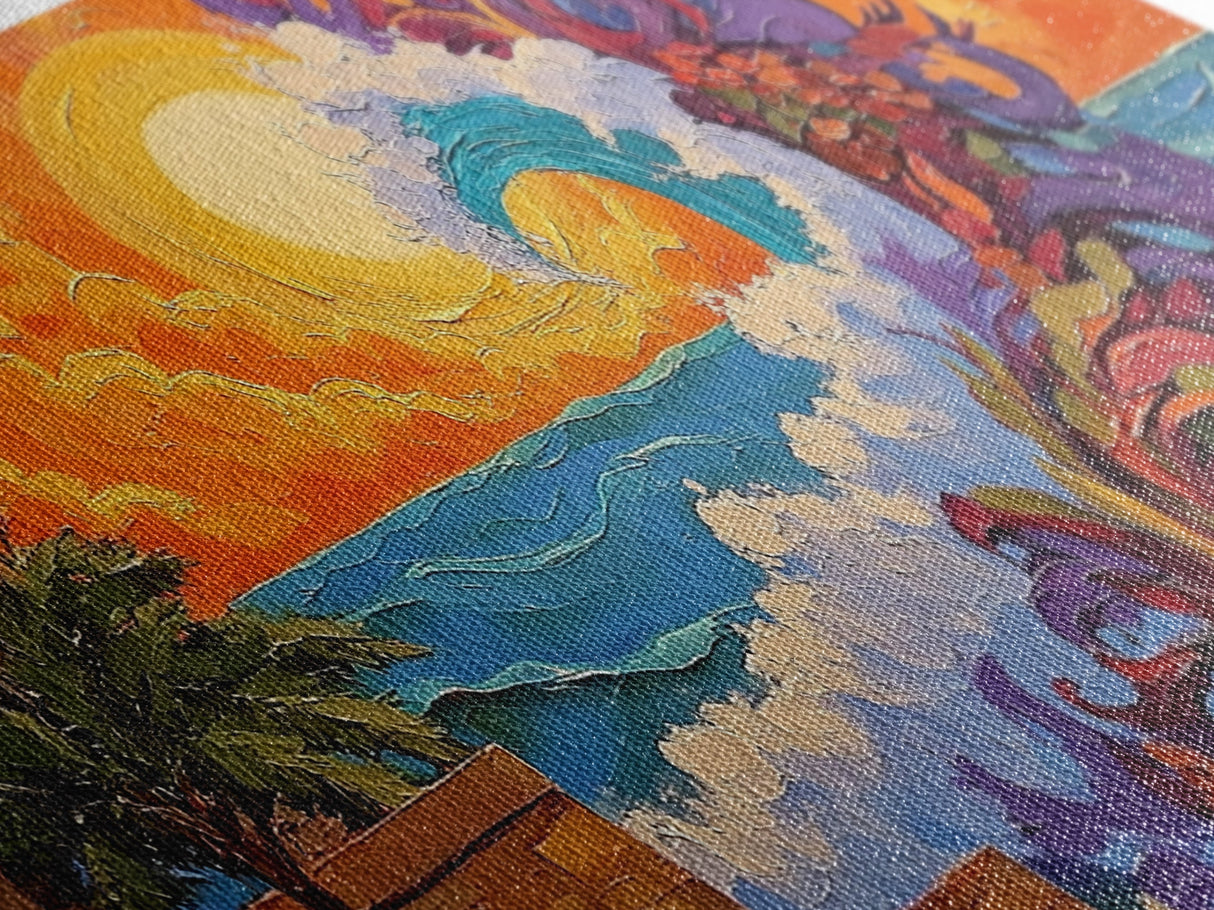 Ocean Wave, Sunset, Lighthouse, Framed Canvas Print vibrant coastal art, whimsical seascape painting, tropical decor, beach wall art
