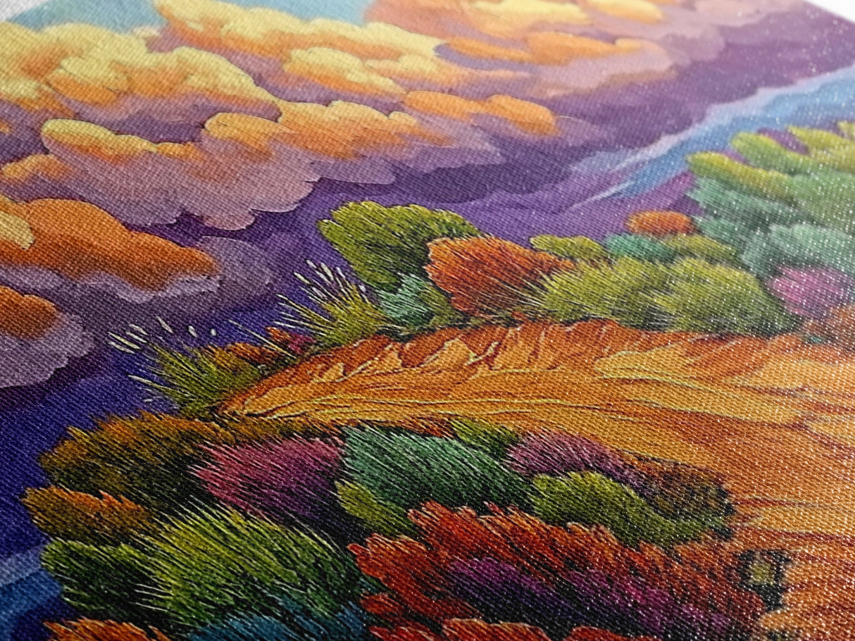 Autumn Trail, Clouds, Flowers, Canvas Print, fall mountain trail painting, landscape wall art, rustic cabin decor, hallway artwork