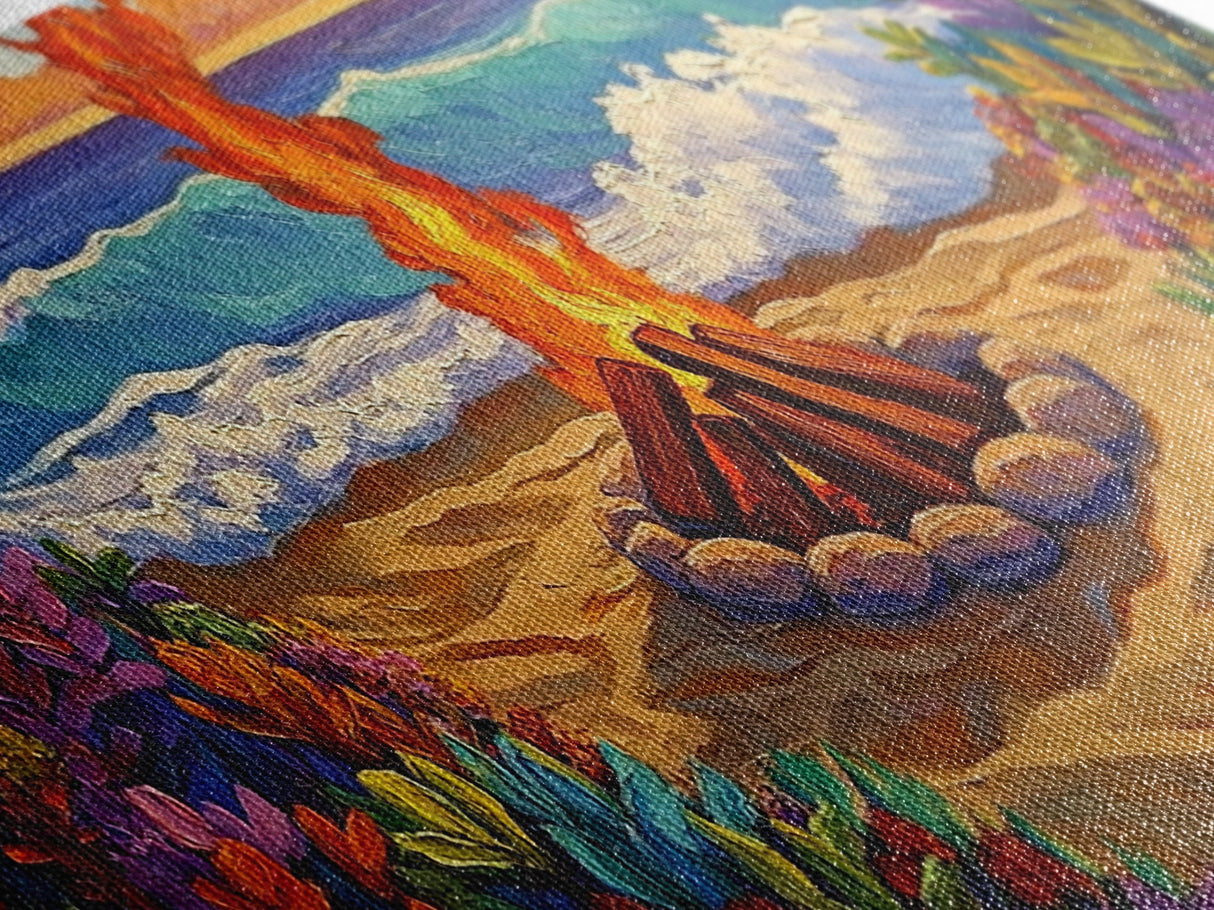 Fire Beach, Ocean, Framed Canvas Print, Sunset Beach Bonfire Painting, Vibrant Coastal Campfire Wall Art, Boho Living Room Decor