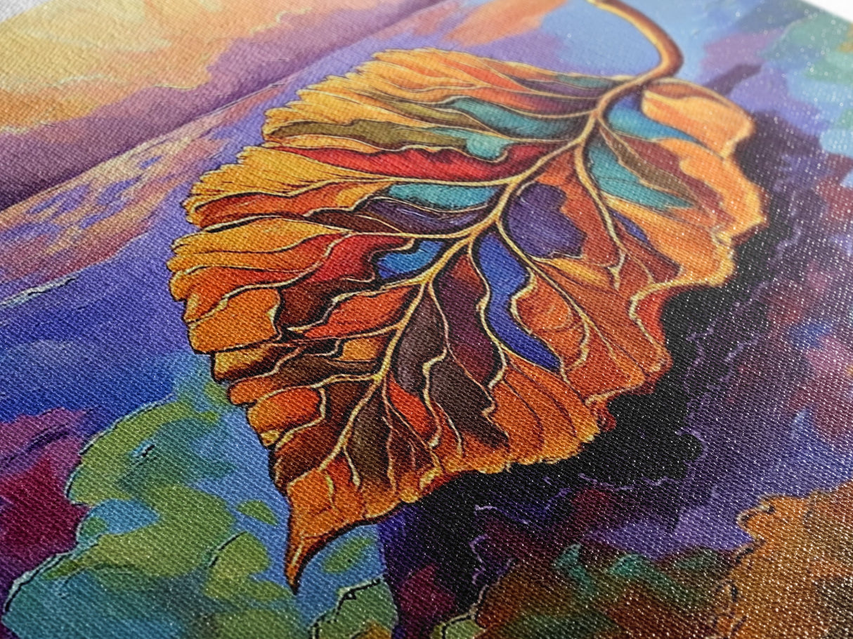 Leaf Autumn, Abstract, Abstract multicolor leaf on vibrant landscape background, Framed Canvas Print, Fall seasonal art, leaf print