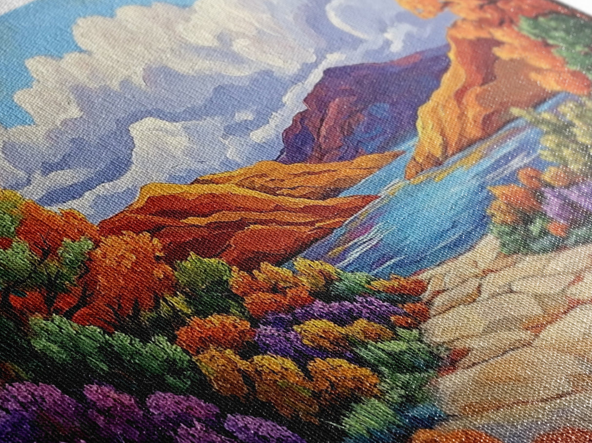 Canyon Lake Path, Colorful Wildflowers, Bold Autumn Hills, Framed Canvas Print, Nature Inspired Wall Art, Southwestern Decor