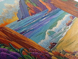 Ocean Cliffside, Flowers, Canvas Print, Colorful beachscape painting, Bathroom Wall Art, vibrant coastal decor,beach flower wall art