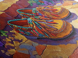 Colorful Moccasins, Boho, Style, Framed Canvas Print, vibrant moccasin shoes, Boho Decor, Bedroom Wall Art, Southwestern art
