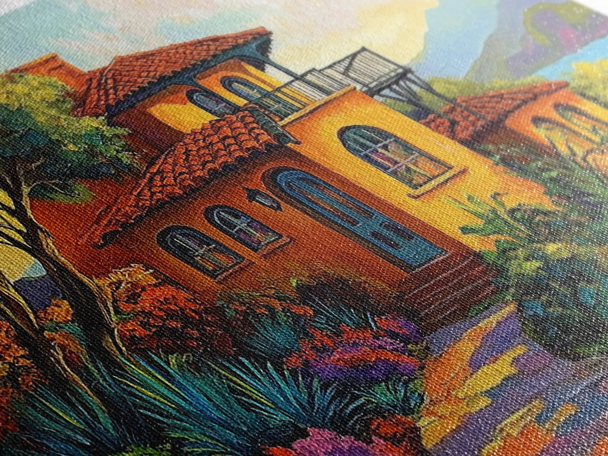 Villa Hillside, Coastal, Colorful, Framed Canvas Print Mediterranean house art, vibrant landscape painting, kitchen boho decor print