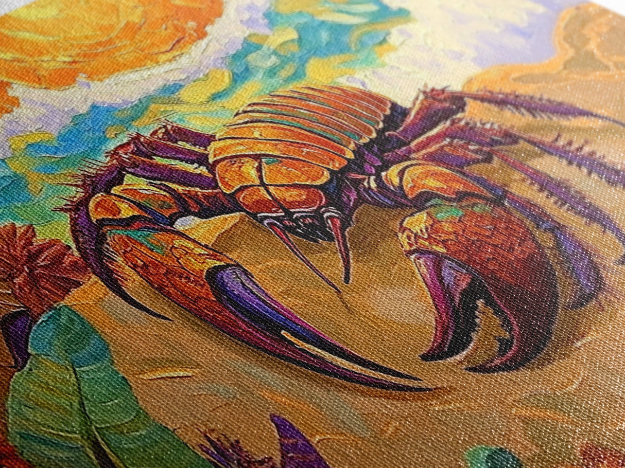 Lobster Beach, Vibrant, Framed Canvas Print, Nautical Coastal Art, Living Room Wall Decor, Tropical Lobster Painting, Bold Ocean Art