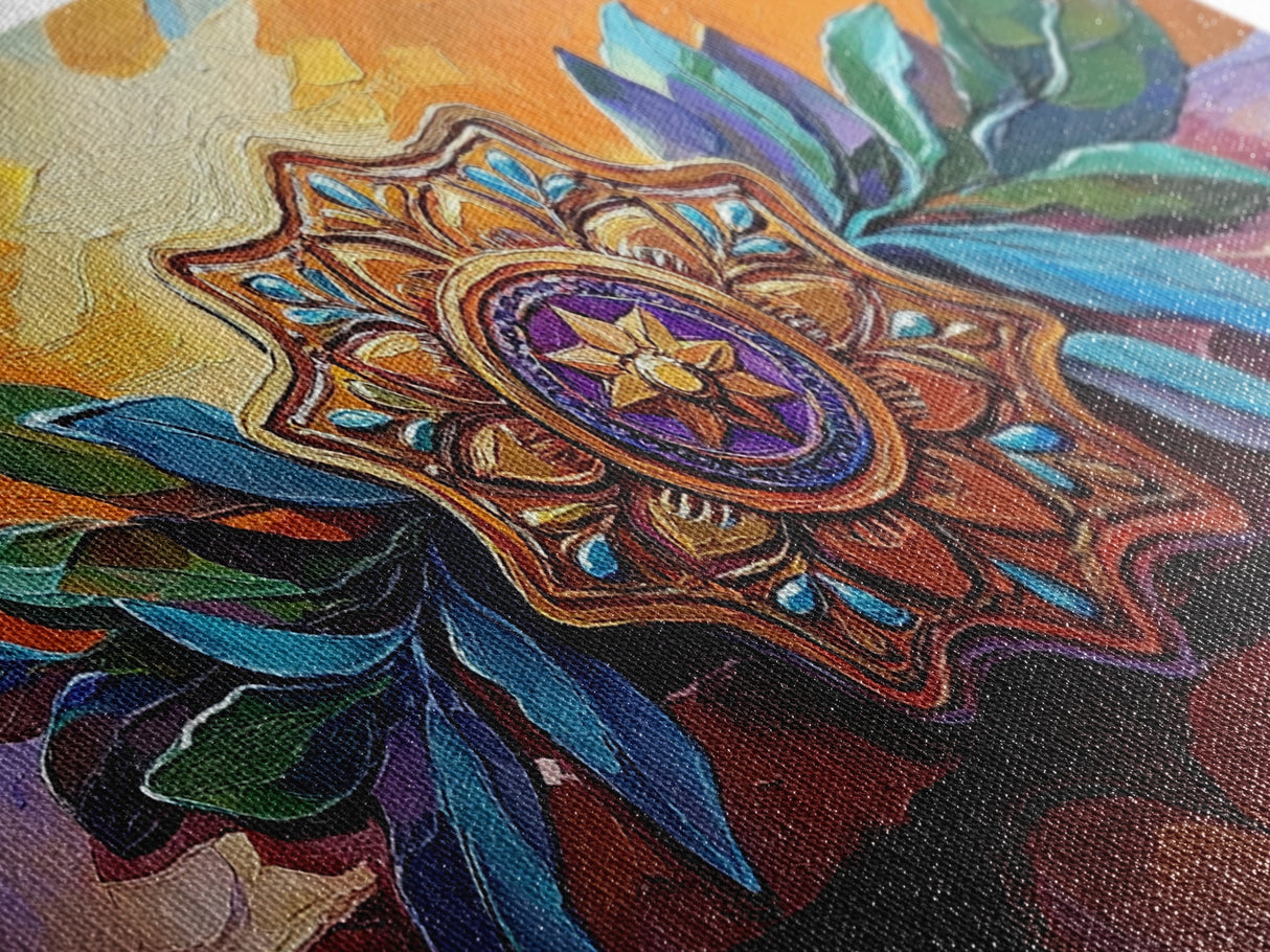 Mandala Sunset, Leaves, Ornament, Framed Canvas Print, spiritual boho wall decor, entryway wall art, zen home sacred symbol painting
