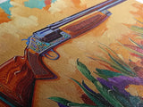 Shotgun Floral, Sunset, Western, Framed Canvas Print, rustic hunting cabin art, bold Americana decor, man cave or lodge wall print