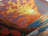 Beach Cliffs, Sunset, Vibrant Sky, Framed Canvas Print, Boho Coastal Art, Bedroom Wall Decor, Ocean View Painting, Tropical Landscape
