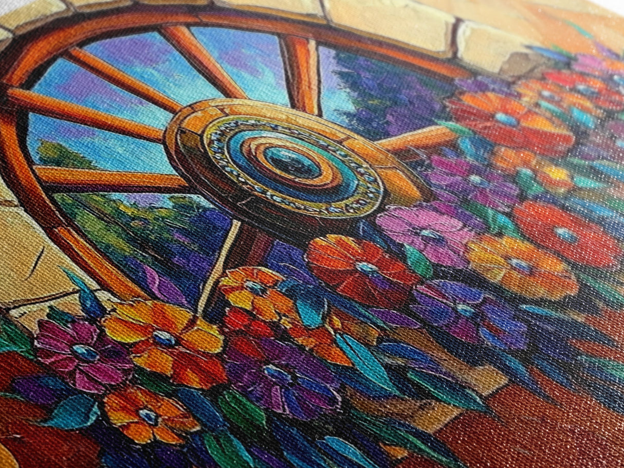 Rustic Floral, Window, Art, Framed Canvas, Print Mexican flower wagon wheel wall art, vibrant southwestern decor, boho patio print