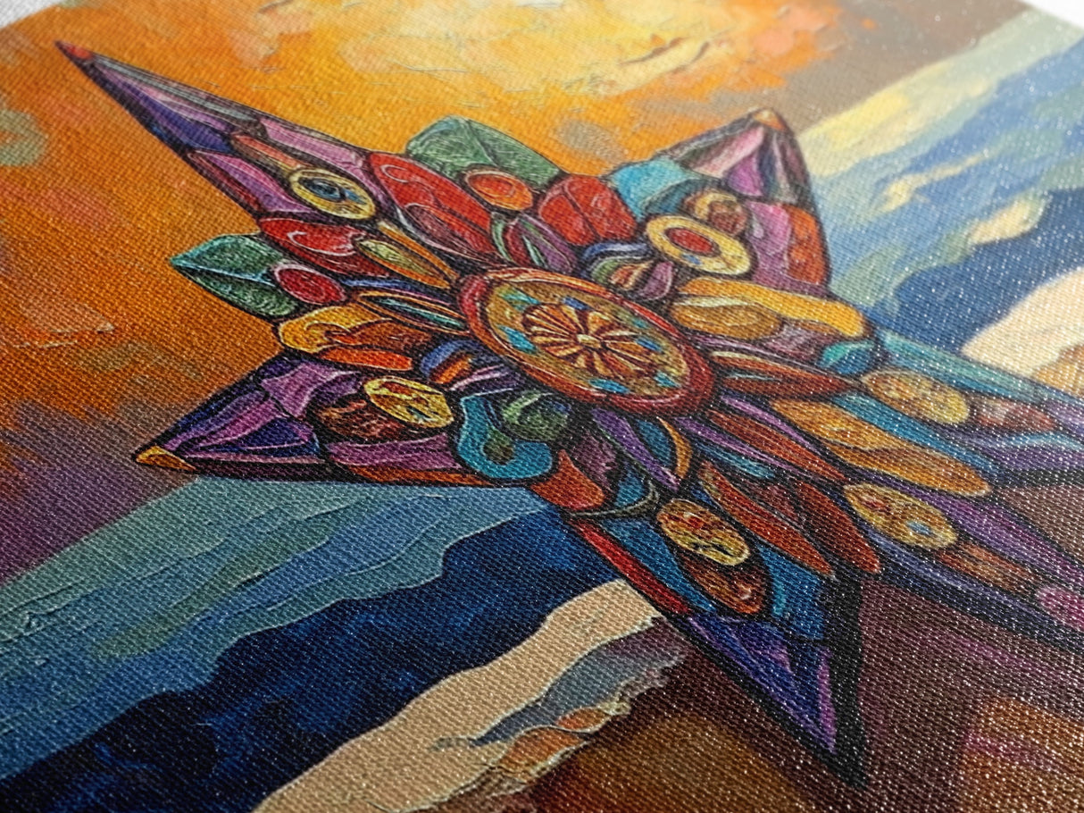 Star Sunset, Ocean, Mandala, Framed Canvas Print vibrant boho wall art, coastal living room decor, sunset mandala beach house artwork