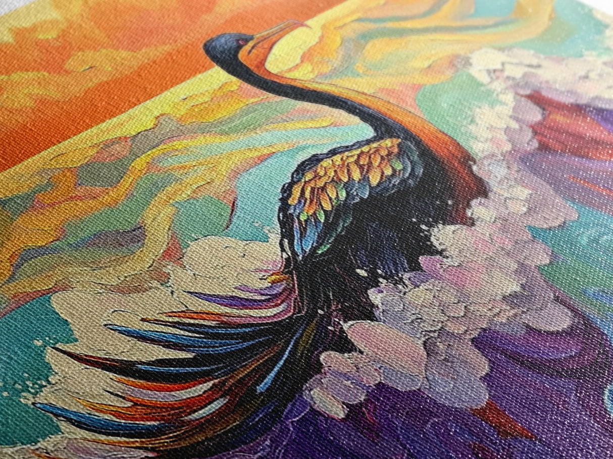 Ocean Bird, Sunset, Framed Canvas Print, Vibrant seabird in waves sunset seascape painting, Colorful Coastal Decor, Bathroom Wall Art
