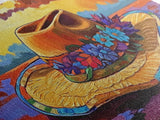 Hat Floral, Sunset, Framed Canvas Print, Boho straw hat with flowers on beach at sunset, Whimsical Summer Art, Entryway Wall Art