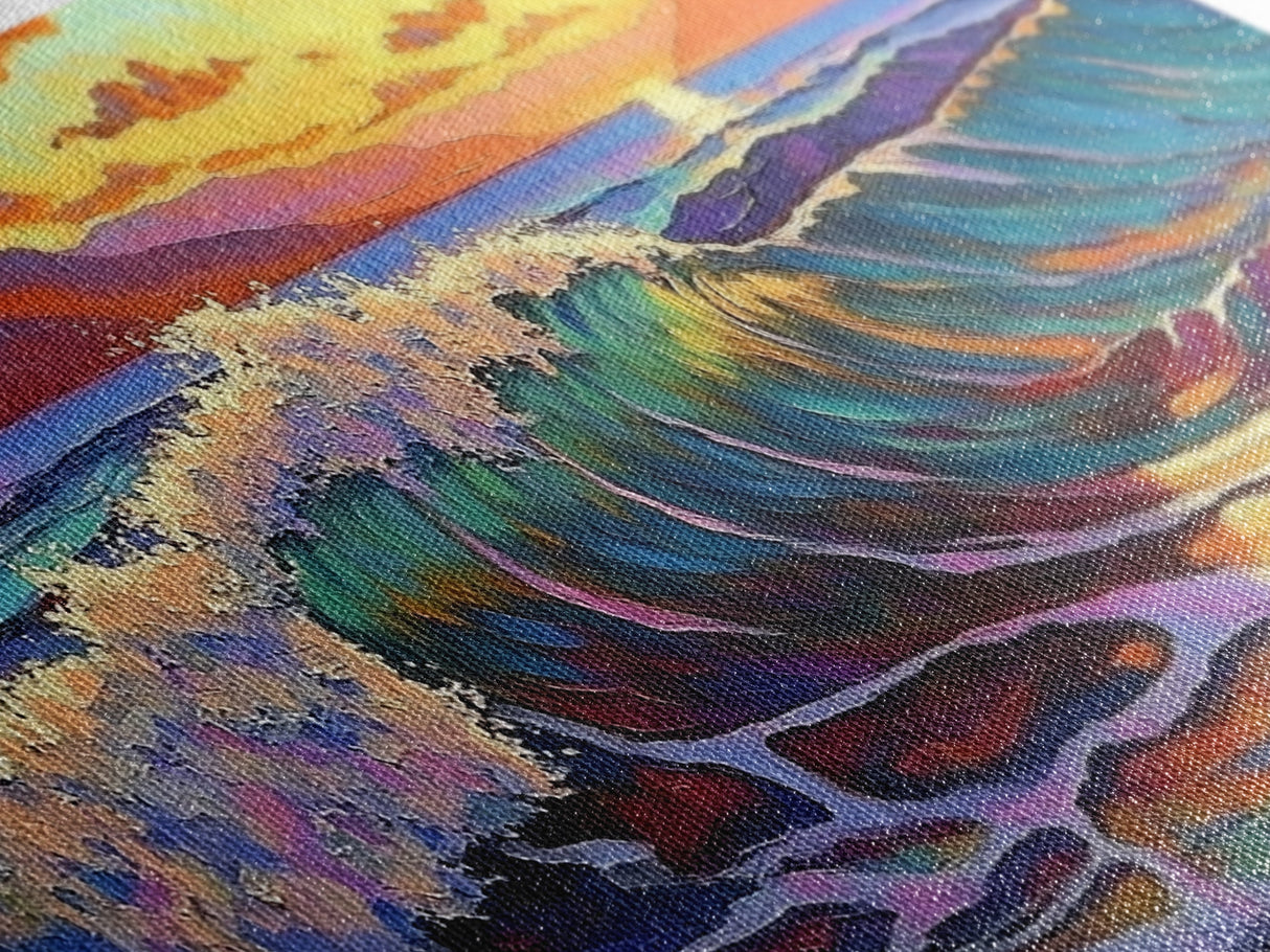 Waves Surf, Sunset, Framed Canvas Print, Colorful crashing wave with glowing sunset sky, Coastal Surfer Decor, Beach House Wall Art