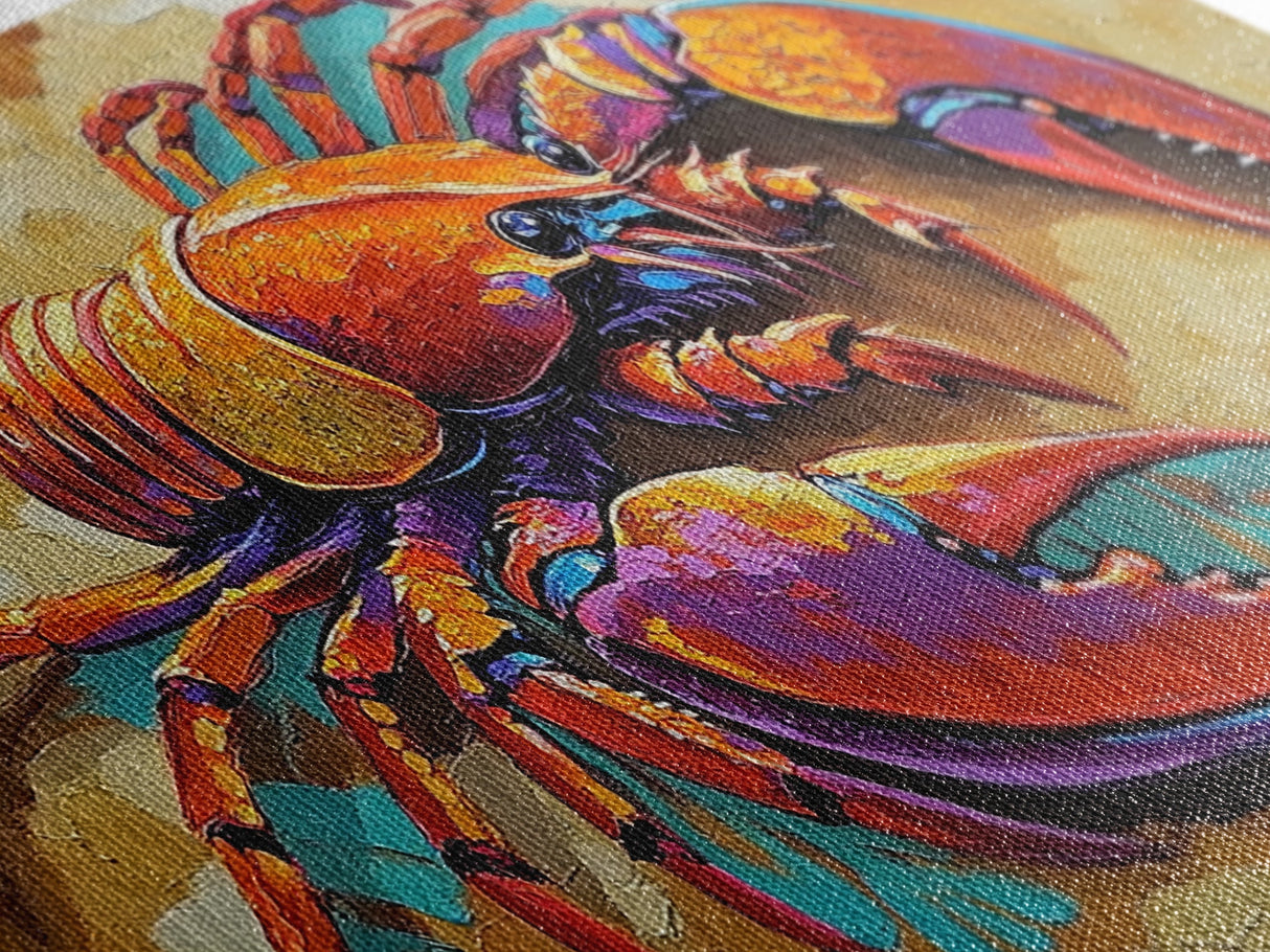 Lobster Coastal, Bold, Framed Canvas Print, Vibrant abstract lobster on sandy background, Nautical Kitchen Decor, Bold Coastal Wall Art
