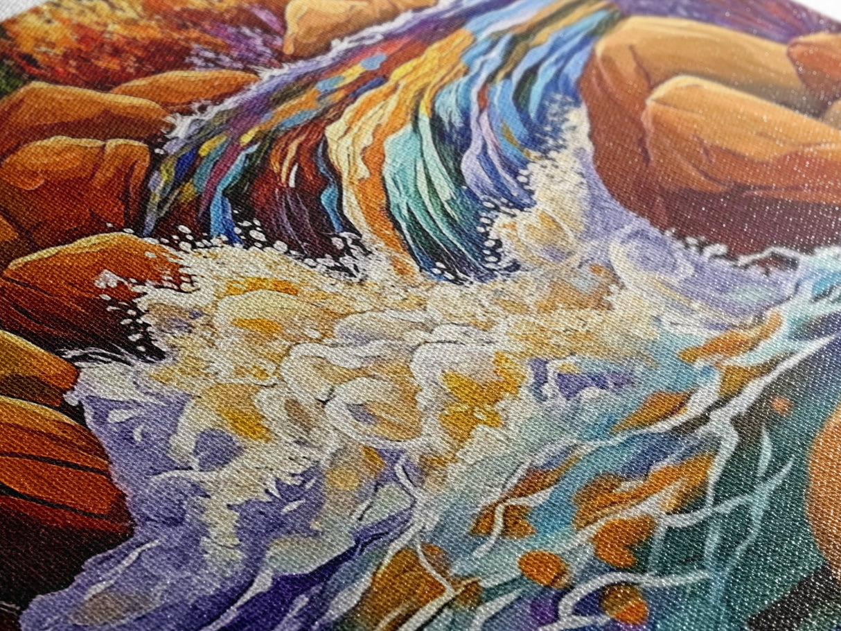 Autumn River, Rocks, Splash, Framed Canvas Print, colorful waterfall painting, nature wall art, rustic cabin decor, landscape art