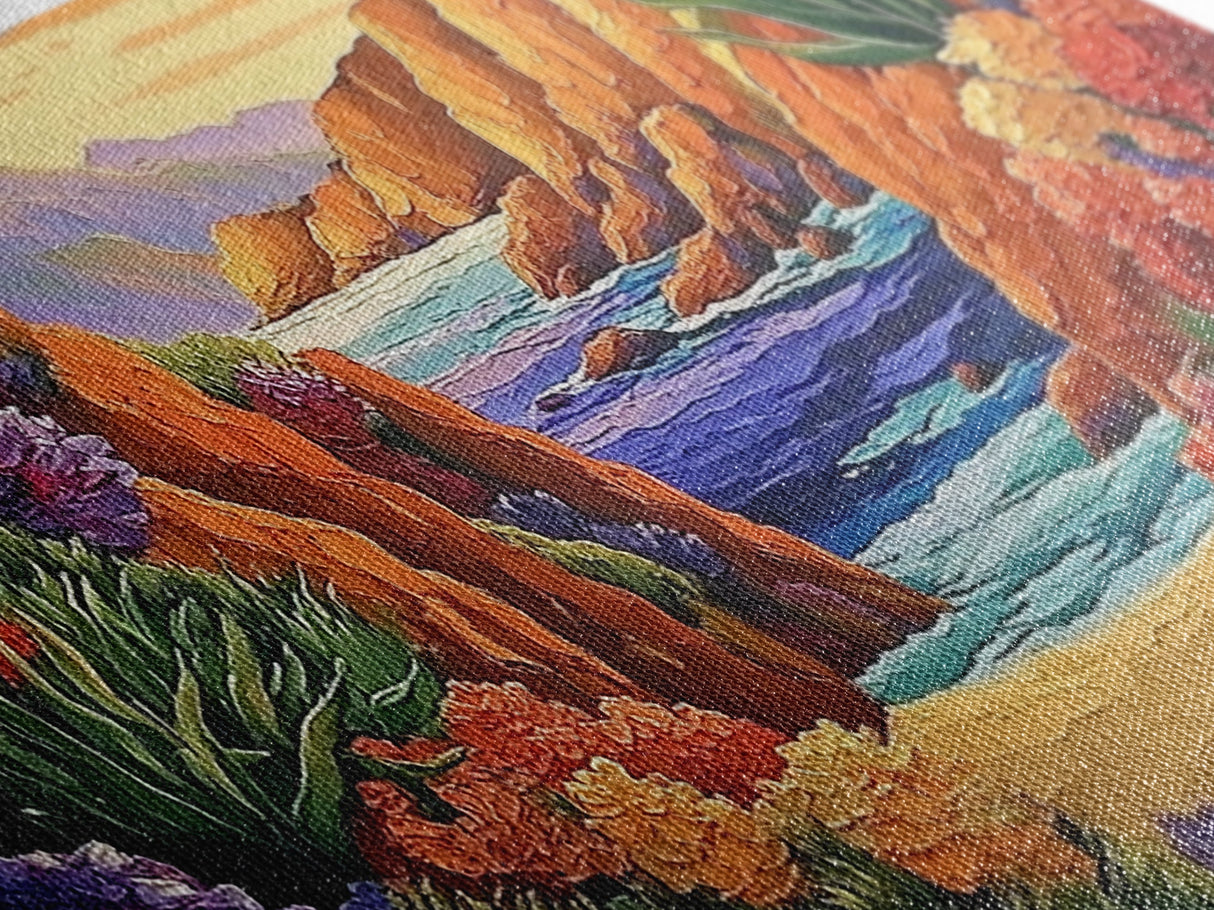 Desert Coast, Flowers, Path, Canvas Print, vibrant canyon seascape, southwest home decor, hallway wall art, colorful desert painting