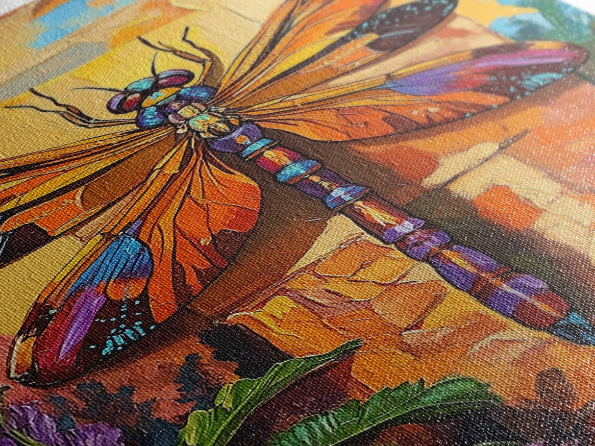 Dragonfly Floral, Bold, Nature, Framed Canvas Print, Boho dragonfly wall art, vivid nature insect painting, Bathroom or Entryway Art