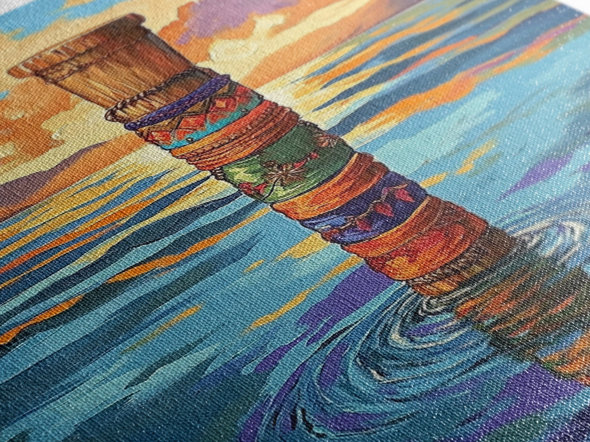 Tribal Water, Pole, Peaceful, Framed Canvas Print tranquil ocean pole artwork, tribal inspired sea painting, boho decor, hallway wall art