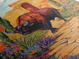 Bison Path, Desert, Framed Canvas Print, Southwest Bull Wall Art, Rustic Western Decor, Vibrant Nature Boho Style, Entryway Wall Art