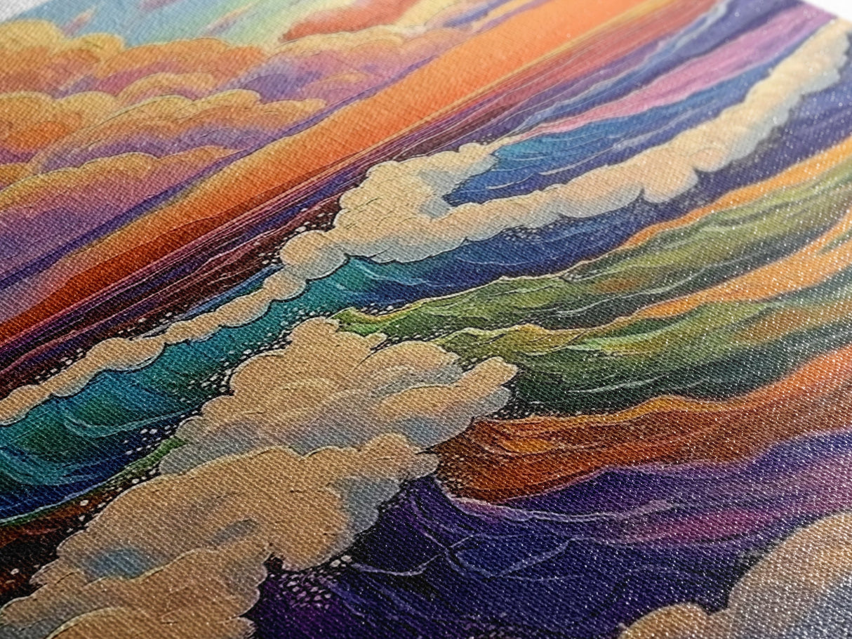 Colorful Ocean Waves, Sunset Surf Art, Rainbow Water Scene, Framed Canvas Print, Coastal Wall Decor, Vibrant Bathroom Art