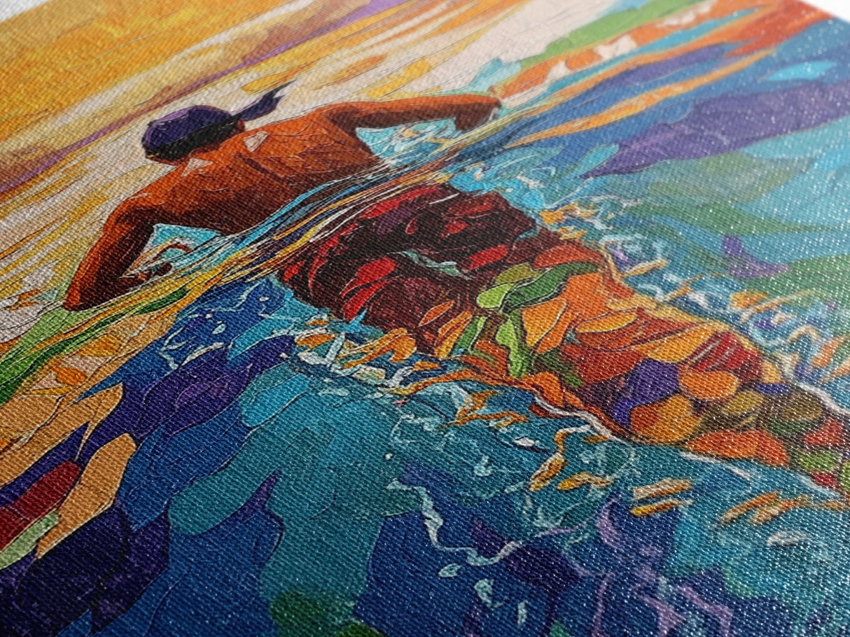Man Swimming Sunset, Ocean Freedom Art, Tropical Wall Decor, Canvas Print, Bright Water Colors, Bold Bathroom Wall Art