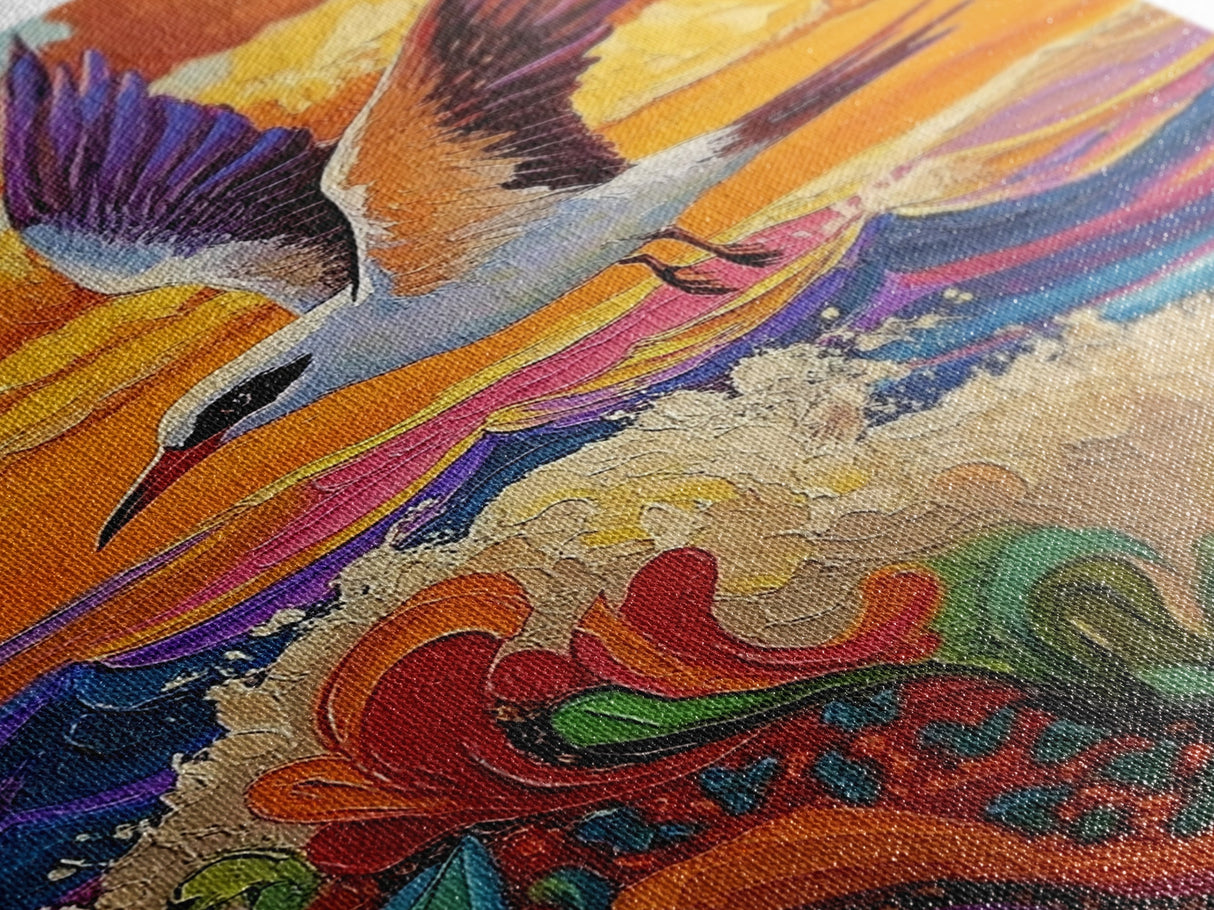 Flying Bird Sunset, Colorful Ocean Waves, Tropical Wildlife Art, Canvas Print, Boho Nature Decor, Fall Wall Accent, Vibrant Scene