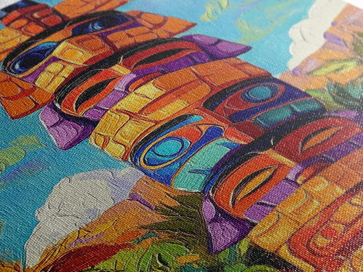Totem Pole Painting, Tribal Inspired Decor, Canvas Print, Vibrant Wall Art, Boho Art Style, Entryway Statement Art, Unique Cultural Art