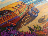 Wagon Ocean, Boho, Beach Scene With Hat Art, Framed Canvas Print, Eclectic Living Room Wall Art, Summer Coastal Decor, Vibrant Colors