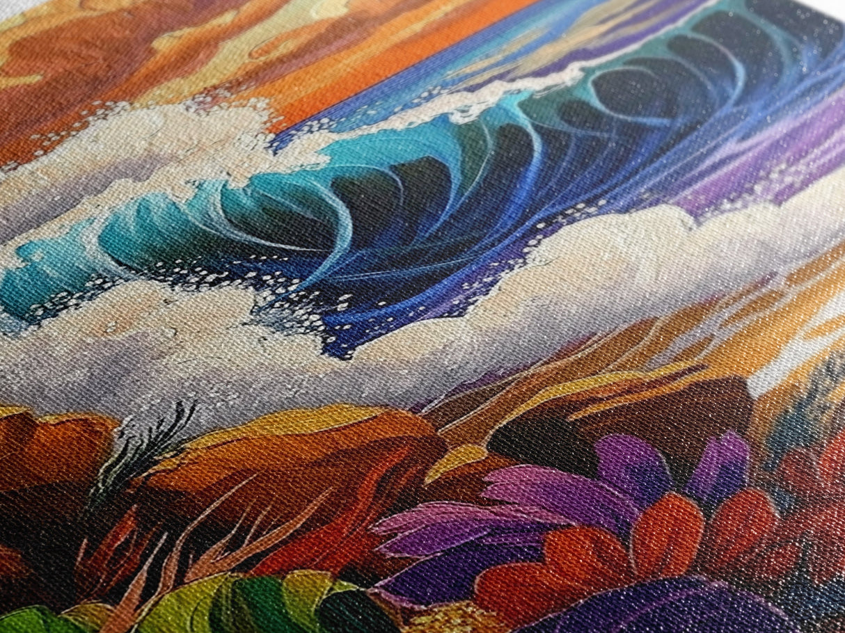 Wave Bold, Ocean, Sunset, Framed Canvas Print, Sunset surf wave crashing on rocks with bold colors, perfect beach house wall art