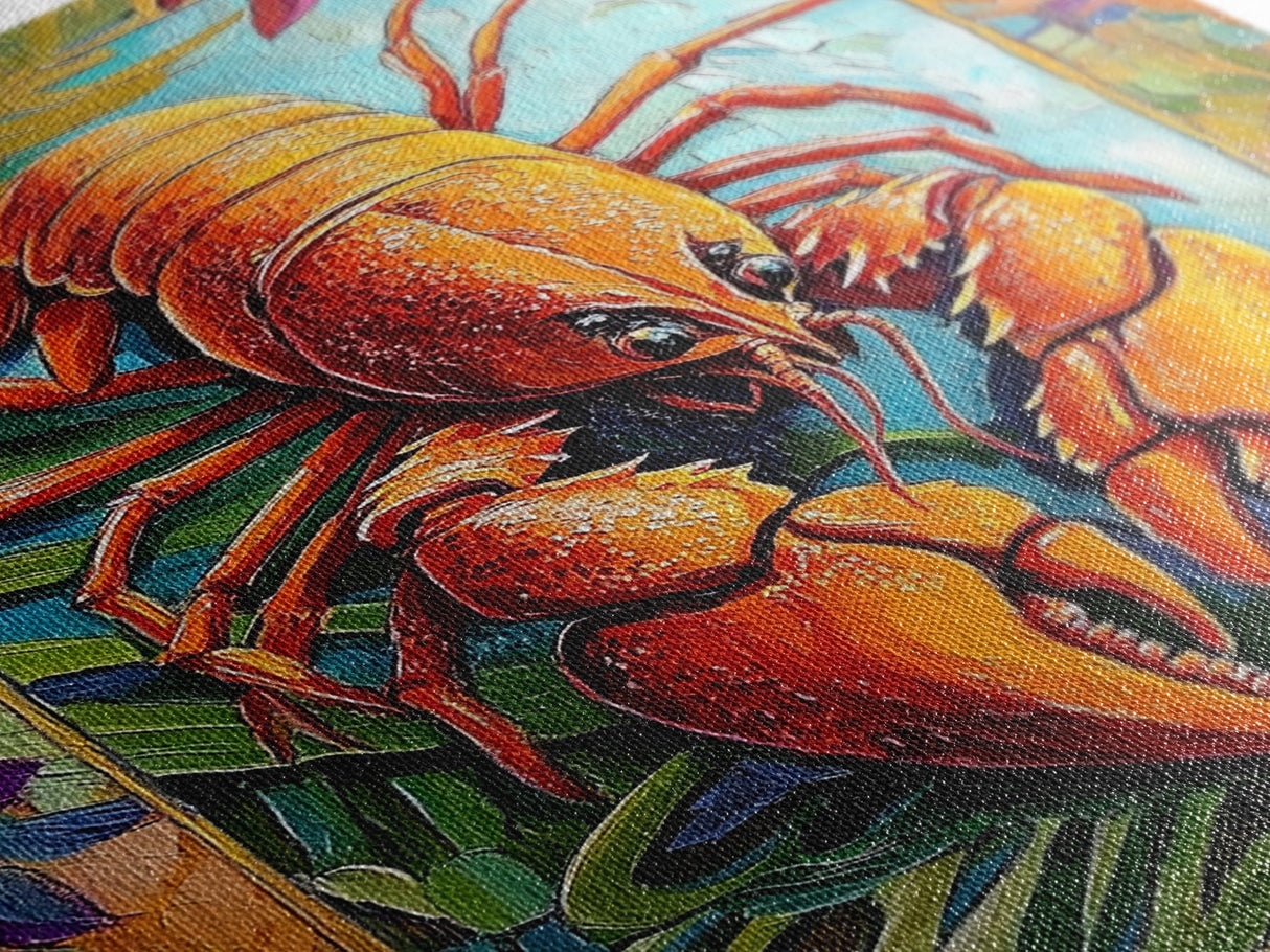Lobster Coastal, Nautical, Kitchen, Framed Canvas Print, Bold orange lobster art with tropical florals, great coastal kitchen wall art