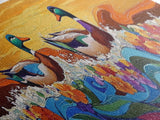 Ducks On Waves, Colorful Animal Art, Whimsical Sunset, Floral Ocean Scene, Canvas Print, Fun Kitchen Art, Kids Room Wall Art