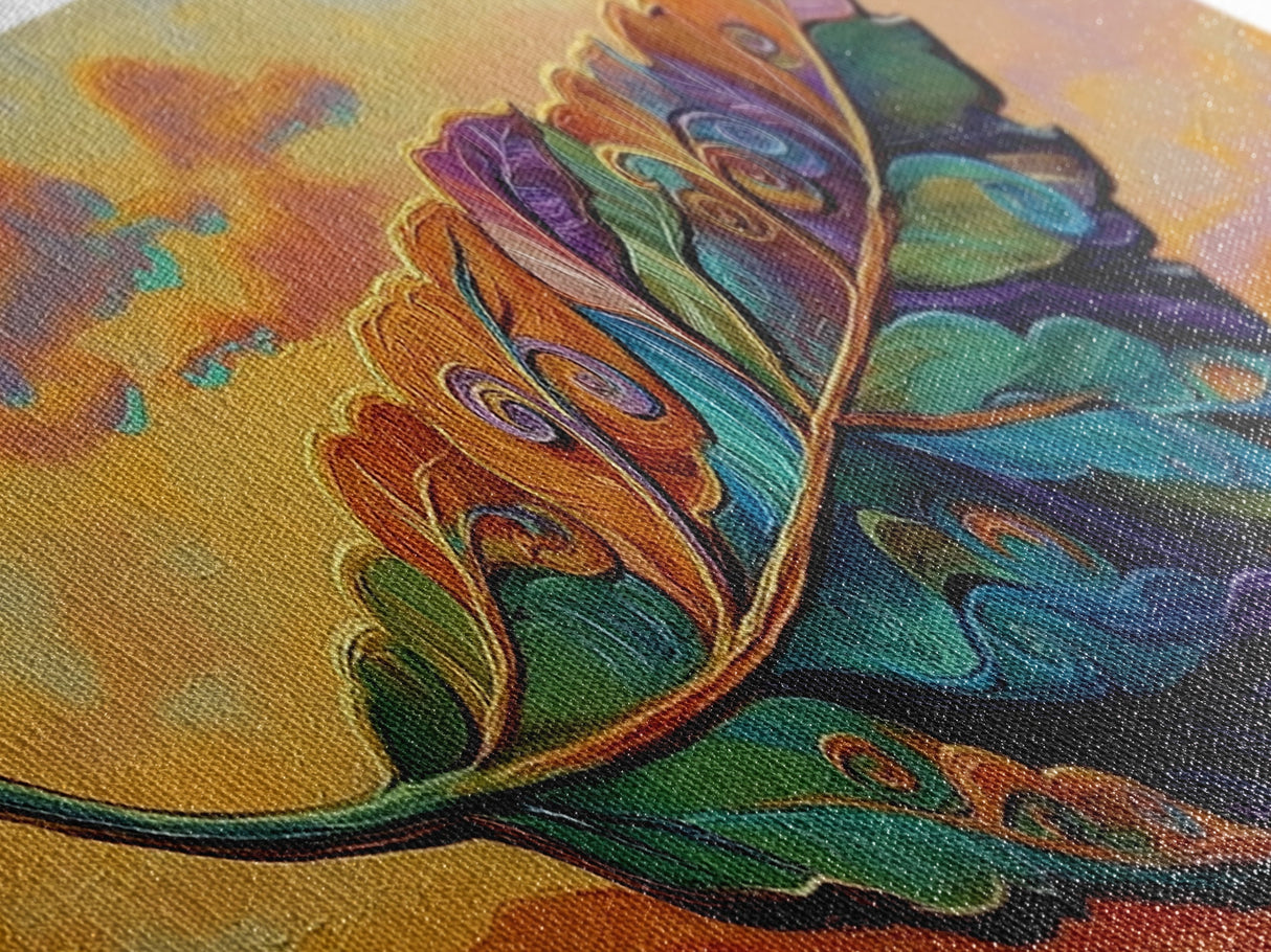 Colorful Leaf Art, Sunset Nature Decor, Vibrant Feather Design, Framed Canvas Print, Boho Wall Art, Entryway Accent Piece