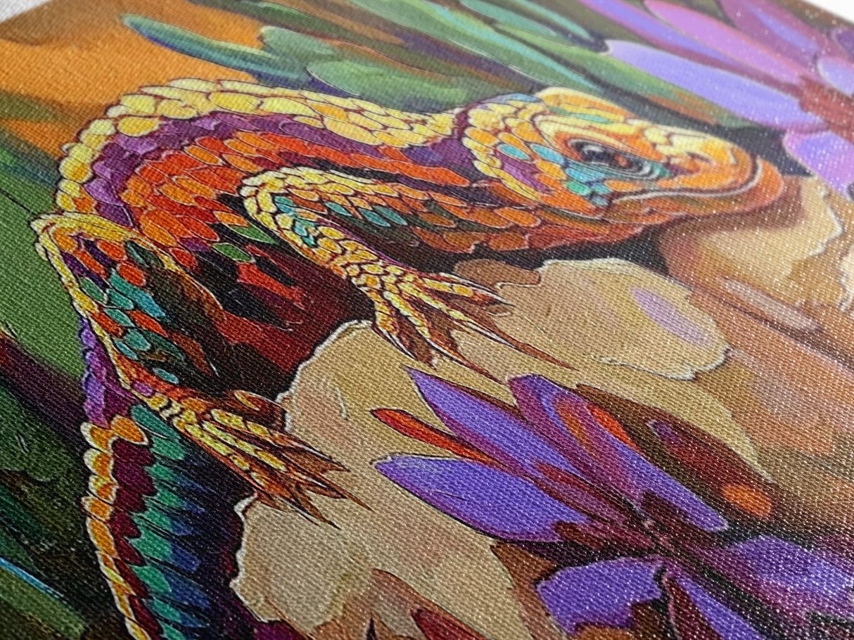 Vibrant Lizard Art, Desert Gecko Painting, Succulent Garden Colors, Framed Canvas Print, Eclectic Kitchen Wall Decor, Animal Art