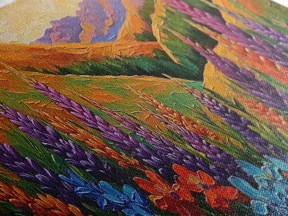 Wildflower Valley View, Bright Floral Mountain Art, Nature Inspired Painting, Framed Canvas Print, Kitchen or Bedroom Wall Decor
