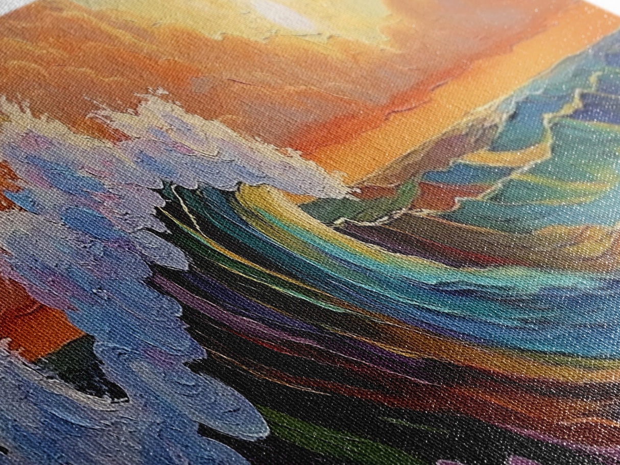 Sunset Ocean Wave, Colorful Seascape, Coastal Wall Decor, Living Room Art, Vibrant Beach Scene, Framed Canvas Print, Bold Brush Strokes
