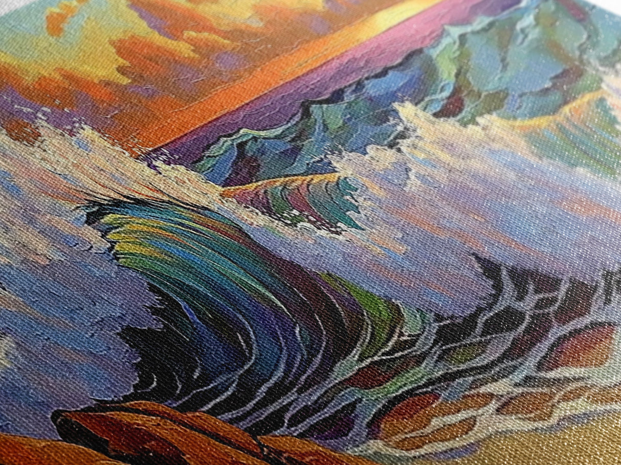 Vibrant Wave Break, Sunset Beach Art, Ocean Surf Decor, Modern Seascape Accent, Living Room Wall, Framed Canvas Print
