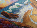 Coastal Wave, Bold Surf, Rocky Sunset, Flower Shoreline, Framed Canvas Print, Nautical Art, Bathroom Beach Landscape Decor