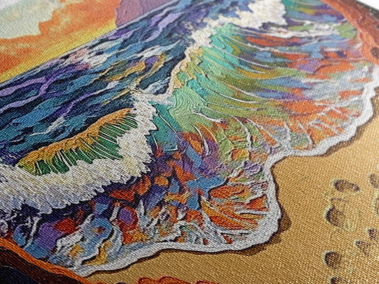 Sunset Shore View, Vibrant Ocean Wave, Footprints in Sand, Coastal Seascape Art, Framed Canvas Print, Beach House Wall Decor