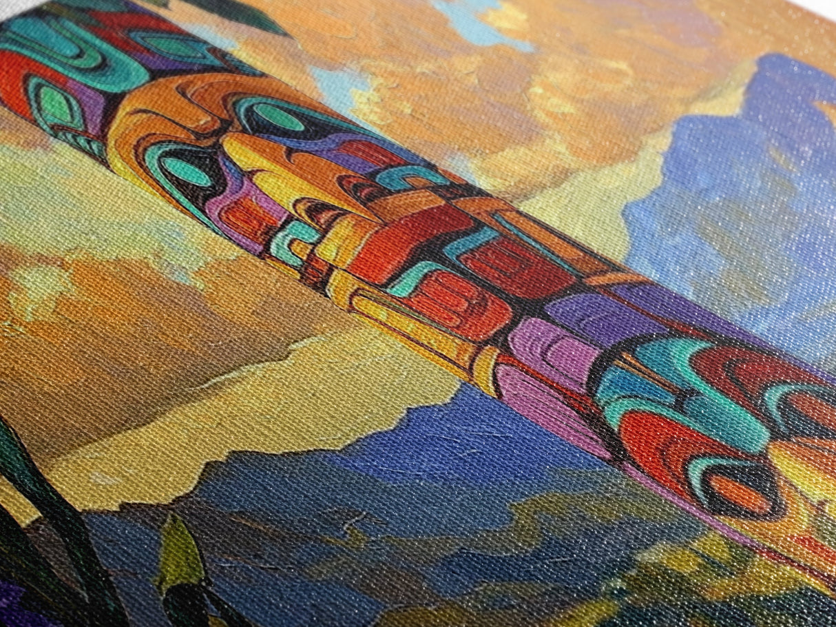 Totem Pole Art, Southwest Style, Desert Sky, Framed Canvas Print, Native Inspired, Living Room Wall Art, Cultural Landscape