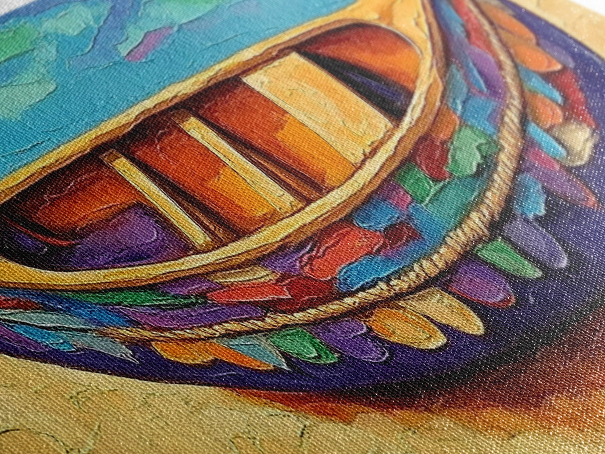 Colorful Canoe Art, Vibrant Coastal Boat, Tropical Beach Vibes, Canvas Print, Boho Beach Decor, Nautical Wall Art, Bathroom Art