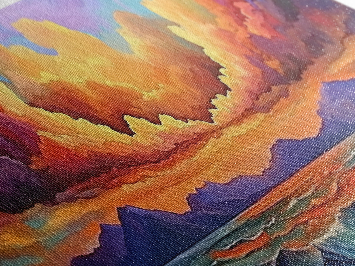Sunset Waves, Vibrant Clouds, Mountain Sea View, Framed Canvas Print, Colorful Seascape Art, Moody Bedroom Decor, Ocean Landscape