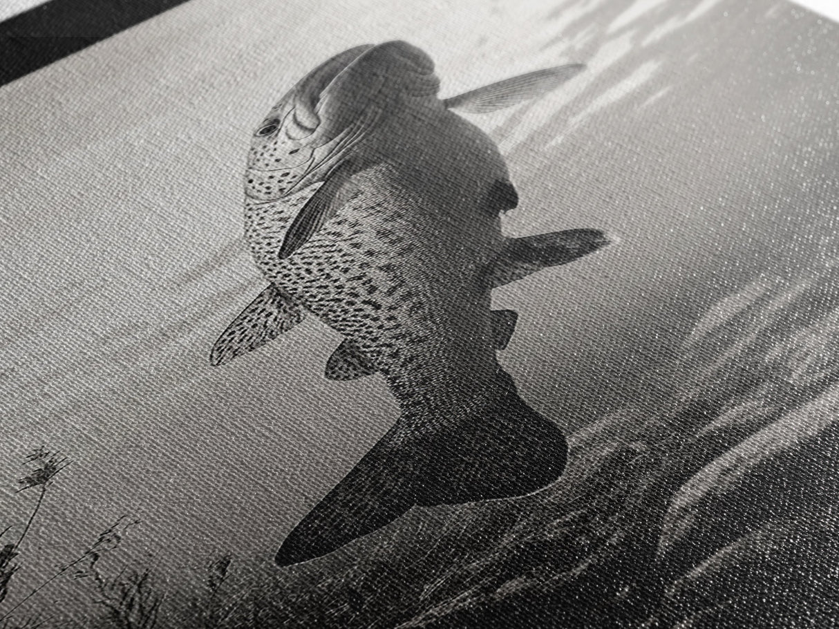 Rising Trout, Underwater Fish, Nature Close-Up, Canvas Print, Cabin Wall Art, Rustic Decor, Fishing Lover Gift, Black and White Art
