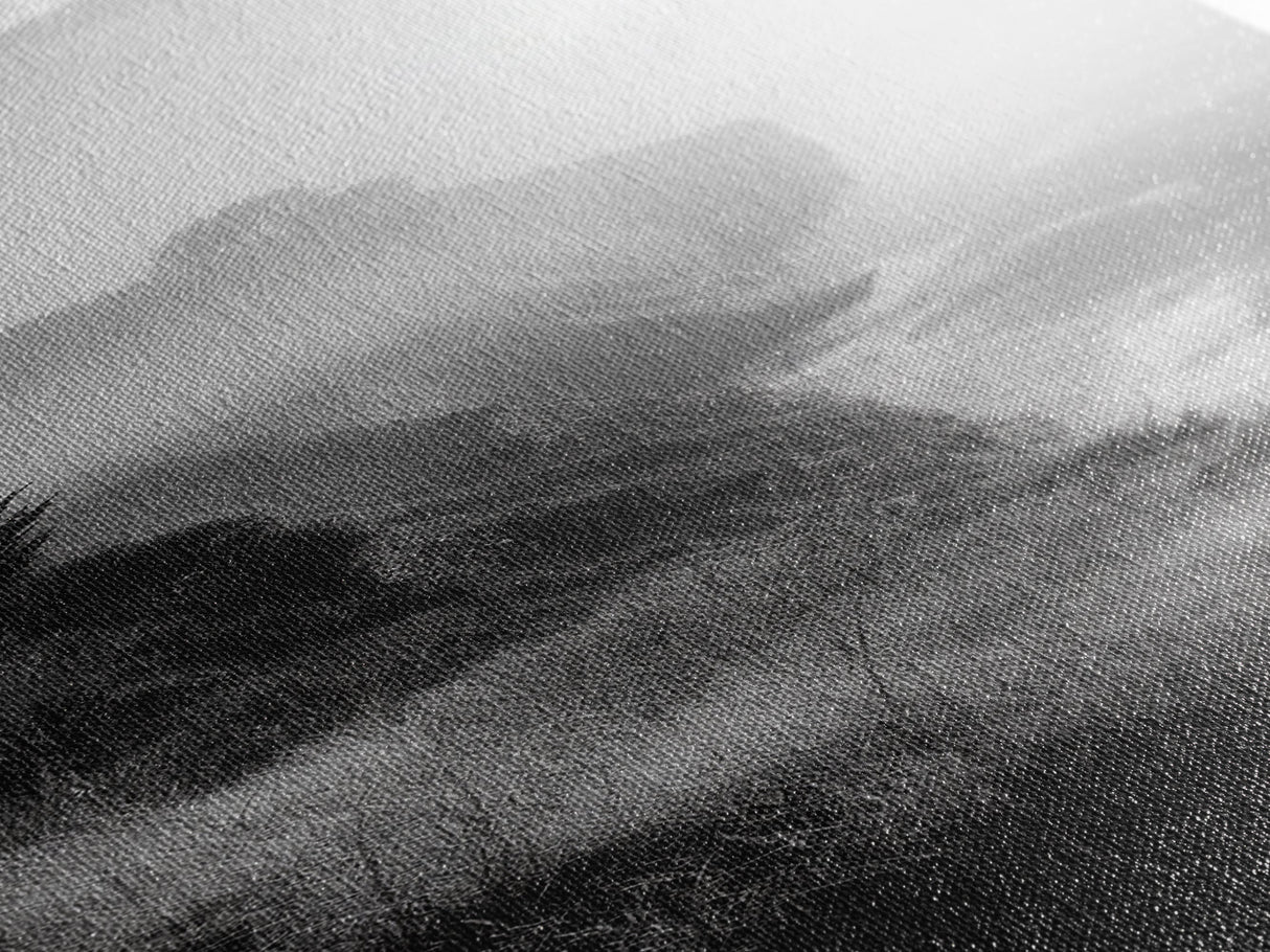 Cliffside Fog, Coastal Mist, Ocean Overlook, Framed Canvas Print, Living Room Wall Art, Monochrome Decor, Moody Landscape, Minimalist Home