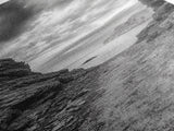 Rocky Pathway, Seaside Trail, Cloudy Horizon, Framed Canvas Print, Moody Coastal Wall Art, Nature Inspired, Monochrome Travel Decor
