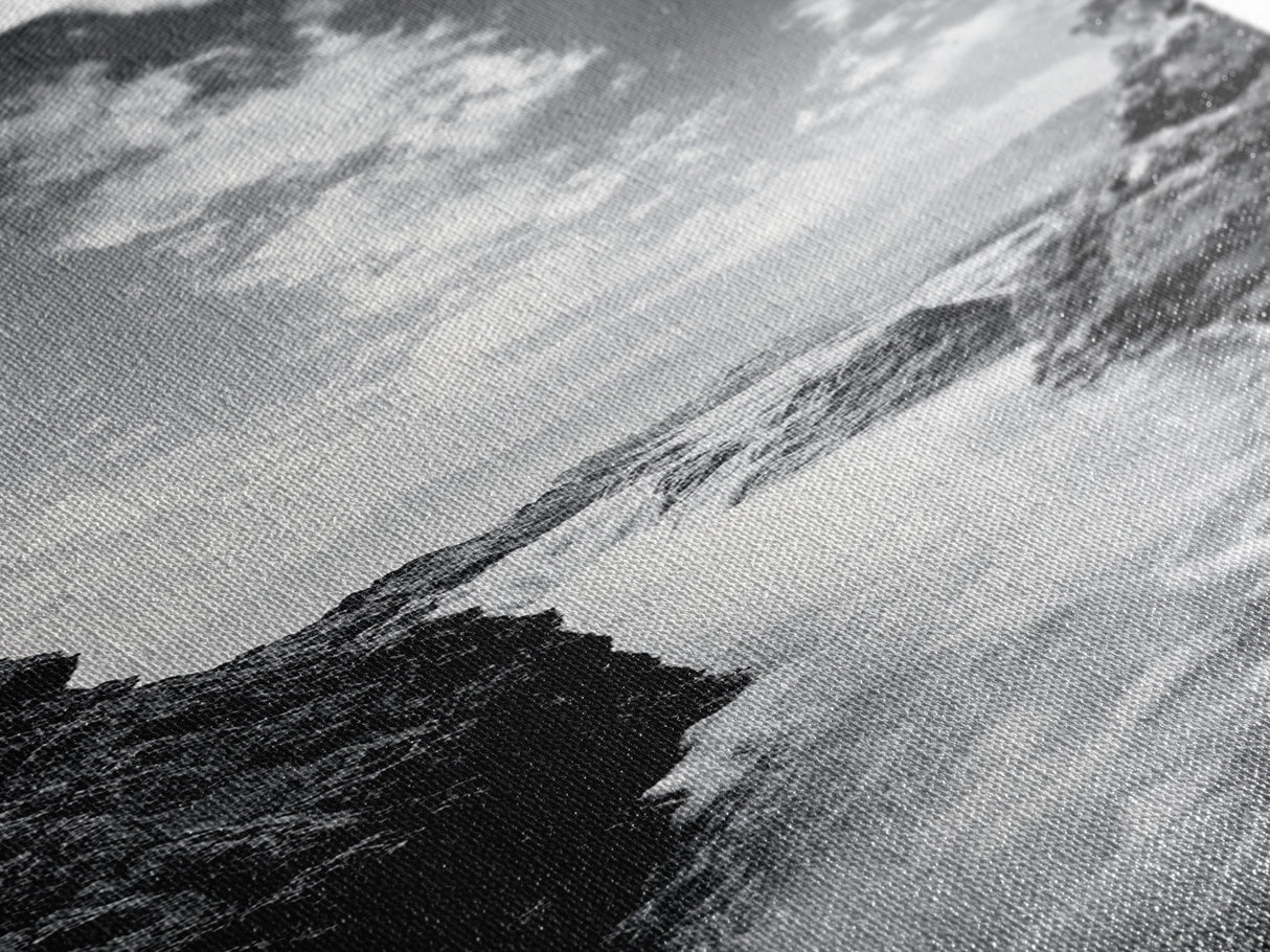 Waterfall Rocks, Mountain Mist, River Flow, Canvas Print, Black And White Landscape Art, Nature Bedroom Decor, Zen Retreat Wall Piece