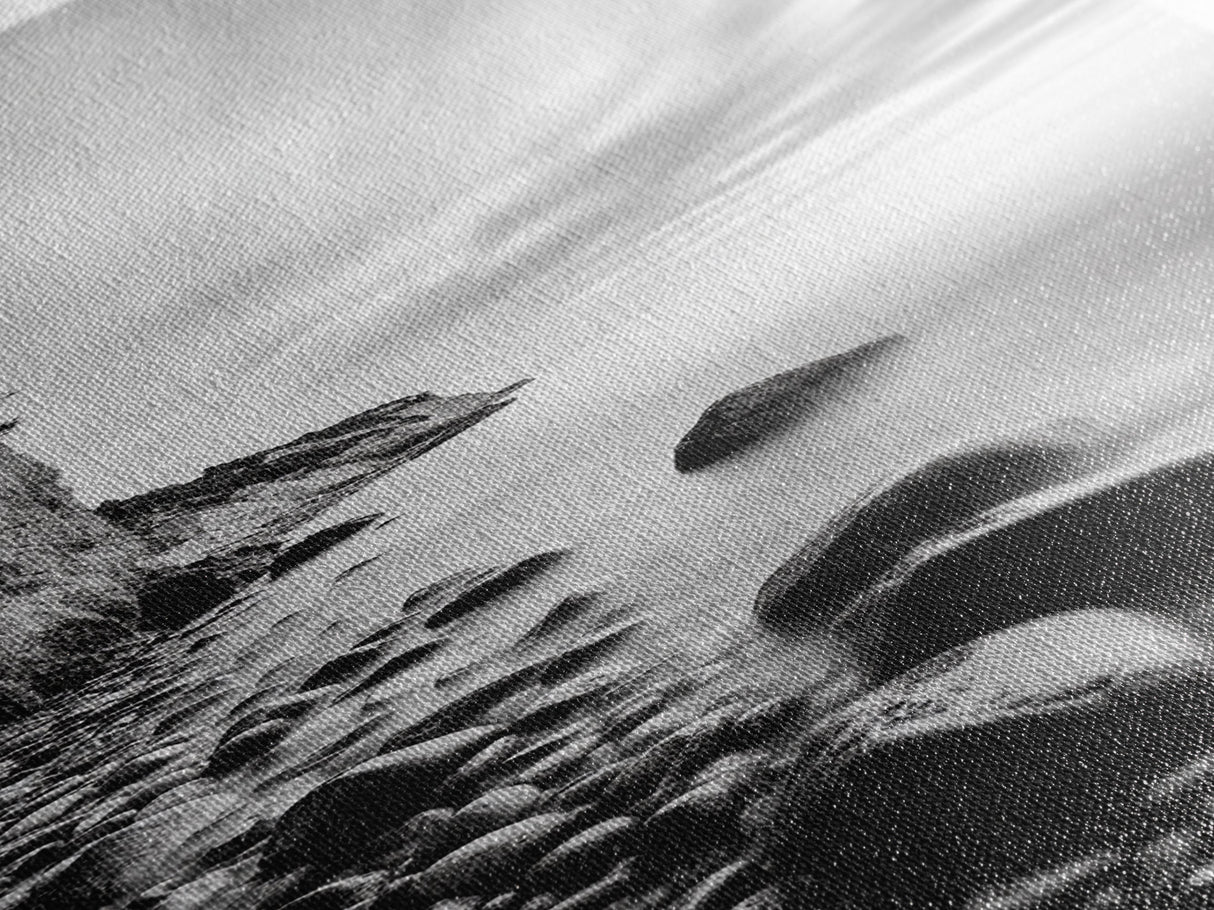 Rocky Shoreline, Coastal Calm, Seaside Mist, Canvas Print, Black White Minimalist Wall Art, Serene Bedroom or Bathroom Decor